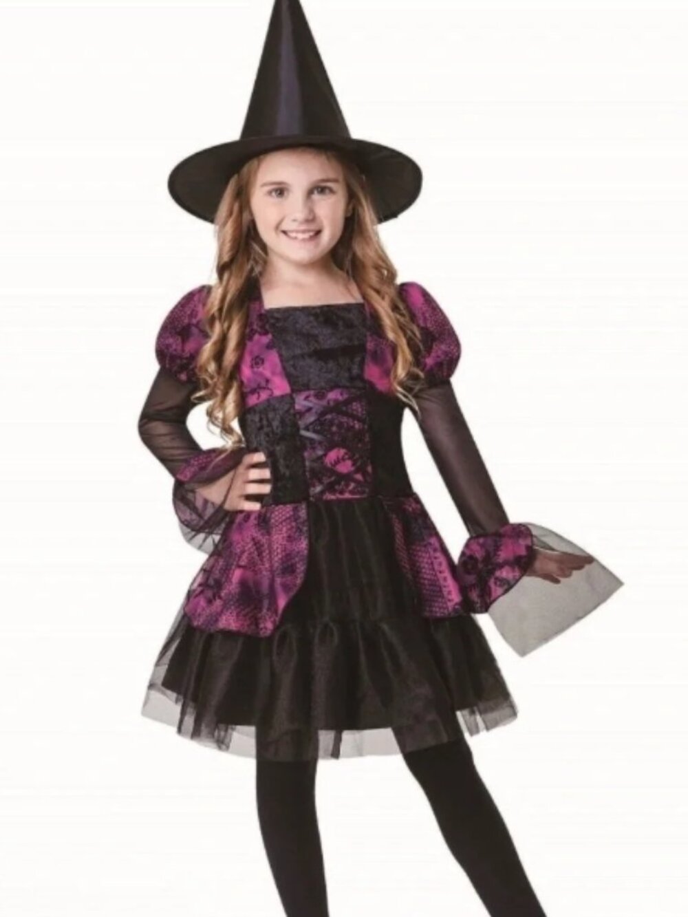 Girls Purple Black Lace Witch Costume Size 8-10 With Dress, Hat and Extra Tutu